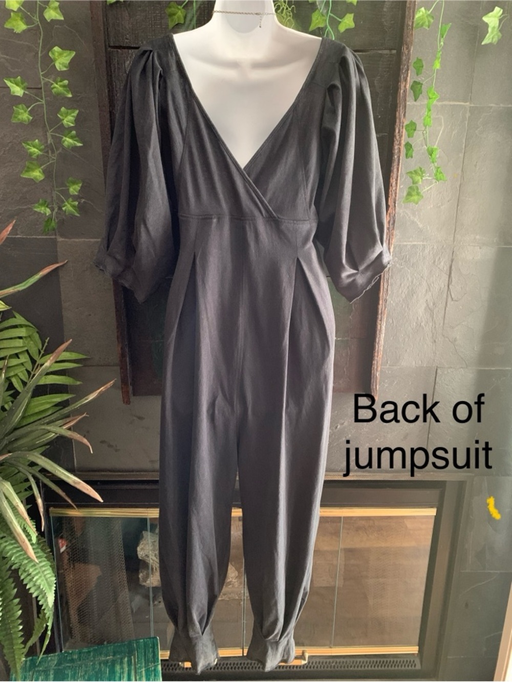 Free People “Lotta Love” over-washed Black Square-Neck Puff-Sleeve Jumpsuit- S - Picture 8 of 15
